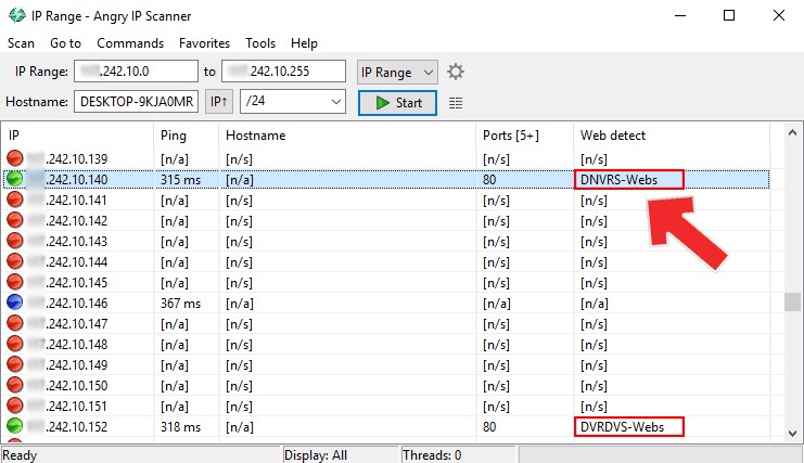 محدوده‌های از آدرس‌های IP اسکن شده در تزم افزار Angry IP Scanner